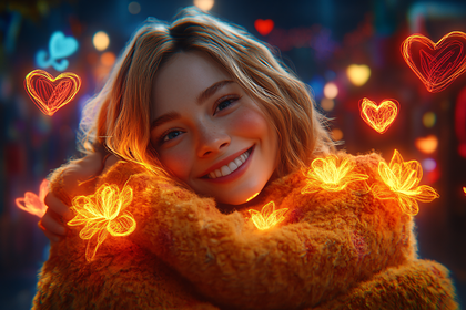Joyful Woman With Glowing Hearts And Flowers