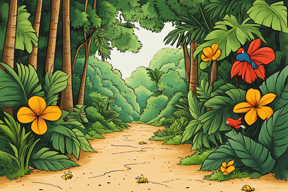 Jungle Path With Exotic Birds