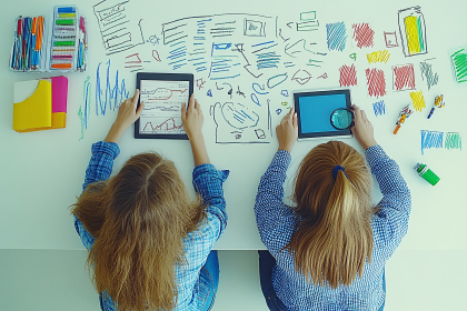 Kids Learning with Tablets on Colorful Table