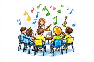 Children In A Piano Lesson With Floating Musical Notes