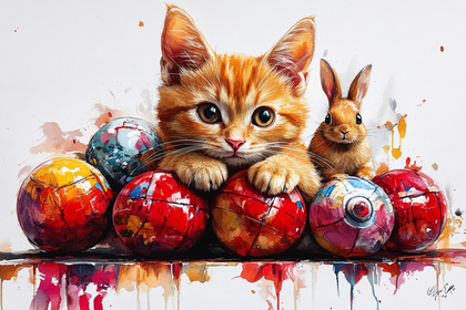 Kitten And Bunny With Easter Eggs