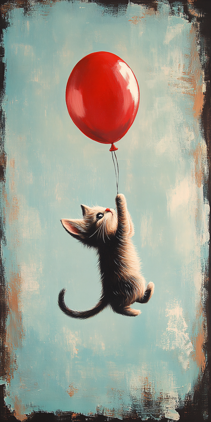 Playful Kitten Flying with Red Balloon Painting