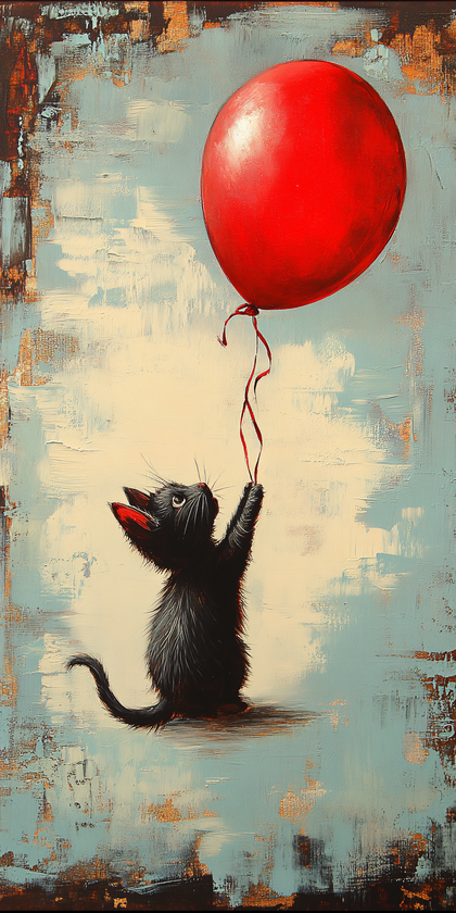 Black Kitten Reaching for Red Balloon Oil Painting