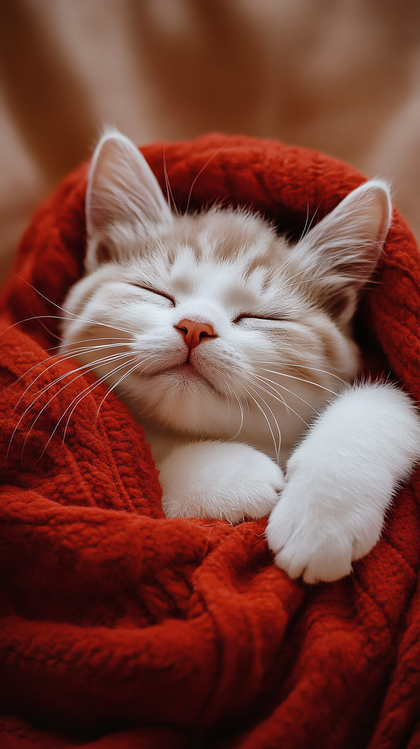 Kitten Sleeping in Red Blanket