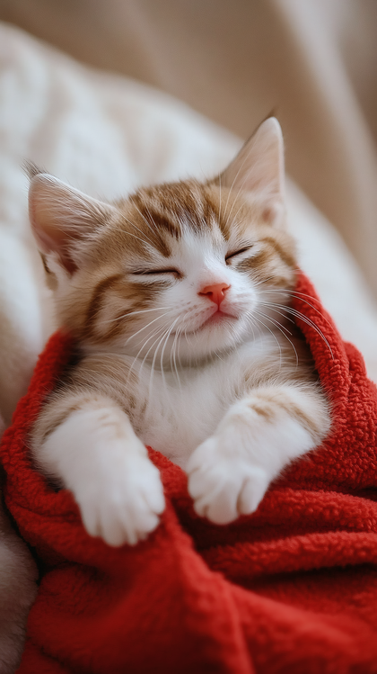 Kitten Snuggled in Red Blanket