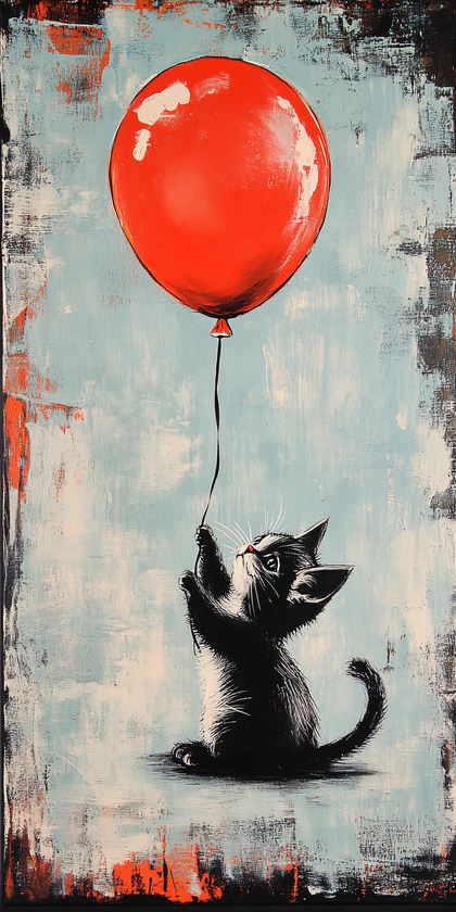 Kitten with Red Balloon