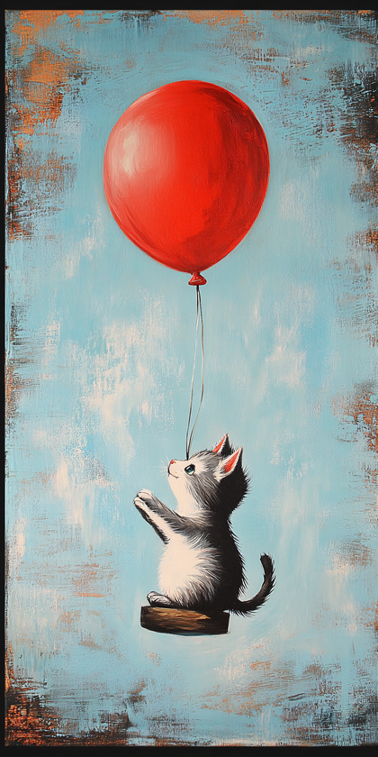 Kitten with Red Balloon