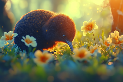 Kiwi Bird in a Flower Garden