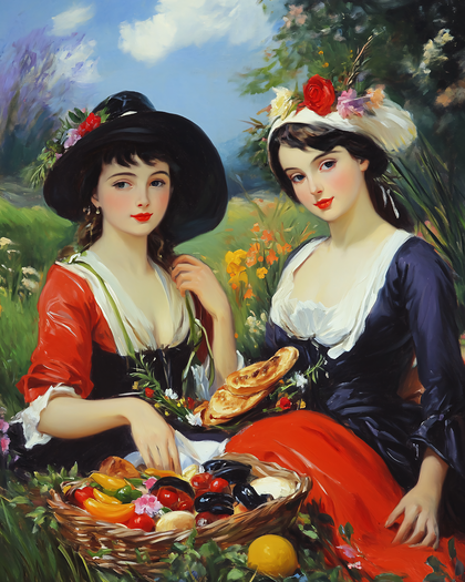 Romantic Picnic Scene with Ladies and Basket of Food