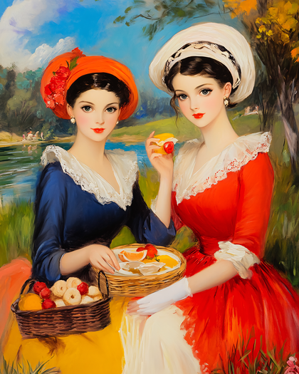 Ladies in Red and Blue Dresses Enjoying Picnic by the Lake
