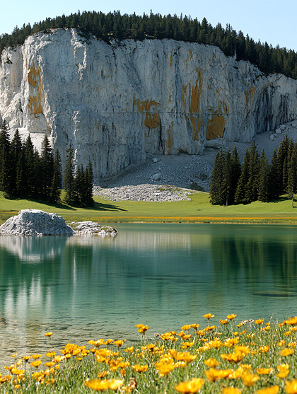 Lake and Mountain Landscape with Wildflowers