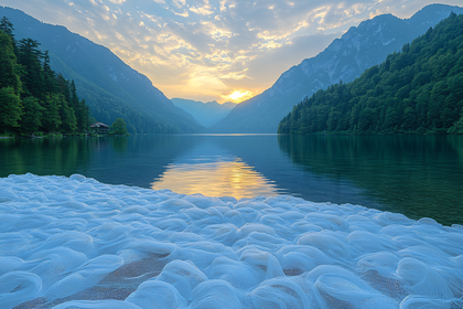 Lake in Mountain Valley at Sunset