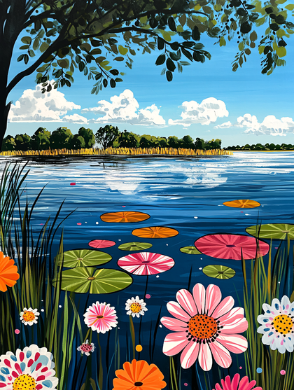 Lake with Lily Pads and Flowers Painting