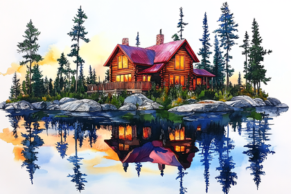 Lakeside Cabin Watercolor Painting with Sunset Reflections