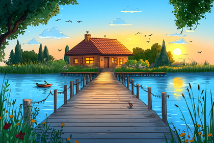 Lakeside Cottage at Sunset