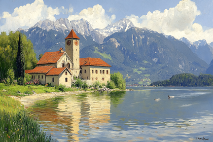 Lakeside Fortress with Snow-Capped Mountains