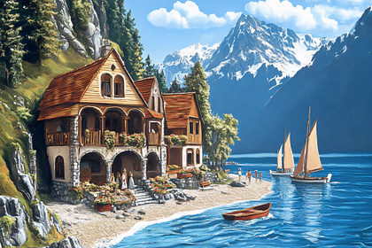 Lakeside Houses with Mountain Backdrop