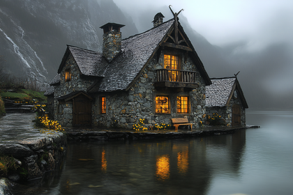 Lakeside Stone Cottage in Misty Mountains