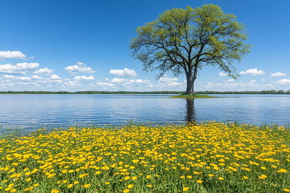 Lakeside Tree With Yellow Flowers