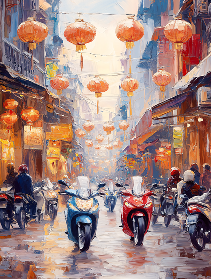 Lantern Lit Street With Motorbikes