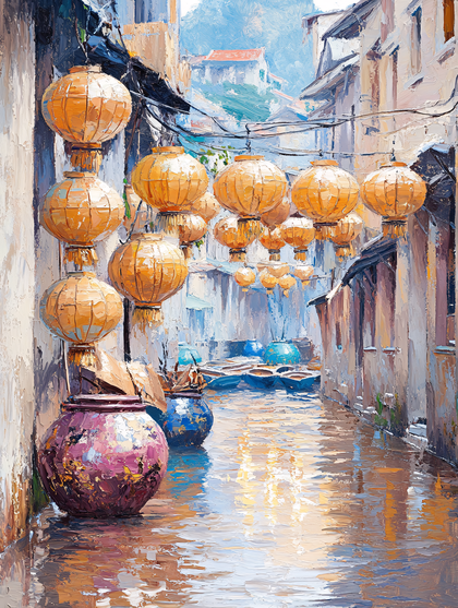 Lantern Lit Waterway Street in Asia