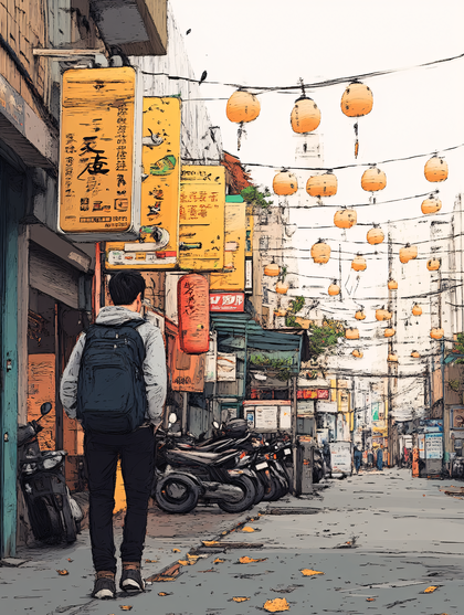 Lantern Street Scene with Backpack Traveler