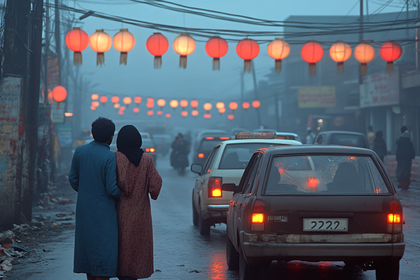 Lanterns Illuminate a Misty Street