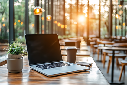 Laptop and Coffee at Cafe Table