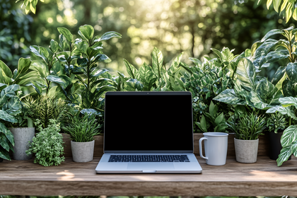 Laptop and Plants on Wooden Table
