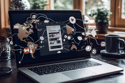 Laptop Displaying World Map and Social Media Icons