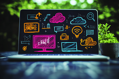 Laptop with Colorful Chalkboard Icons