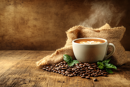 Latte Art Coffee with Burlap and Beans