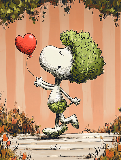 Leafy Haired Character Holding Heart Balloon