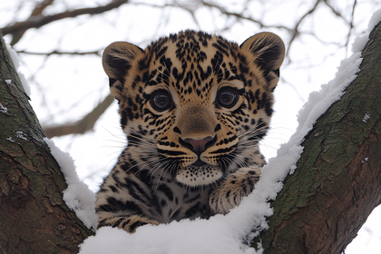 Leopard Cub In Snow Tree