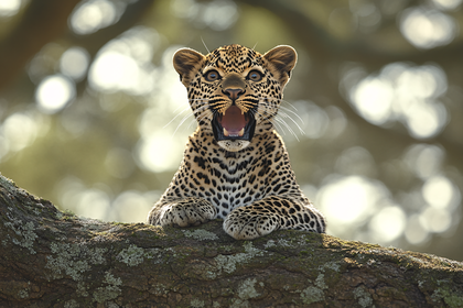 Leopard Cub Yawning On Tree Branch