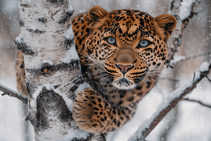 Leopard In Snow On Birch Tree