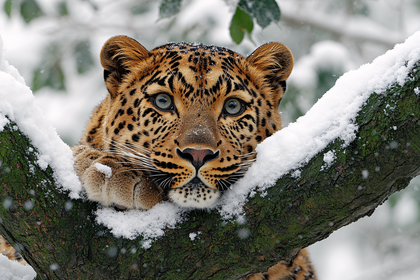 Leopard Resting On Snowy Branch