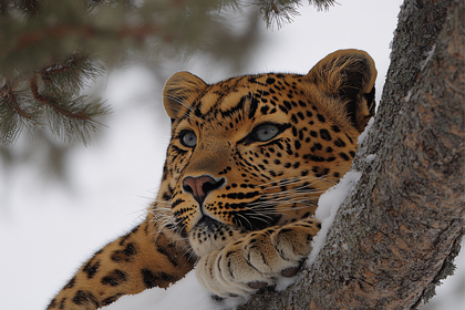 Leopard Resting On Tree Branch In Snow