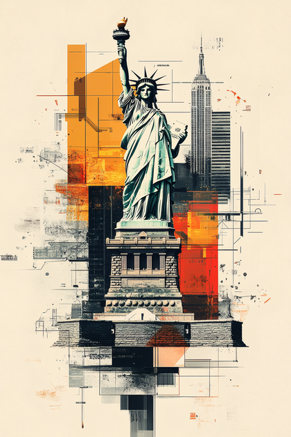 Architectural Tribute to Freedom: Statue of Liberty and Empire State Building in Abstract Art