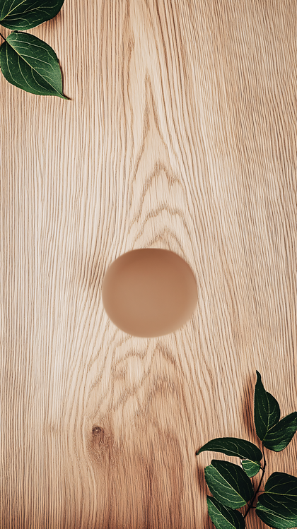 Light Brown Wooden Surface With Egg And Leaves