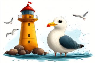 Lighthouse And Seagull Illustration