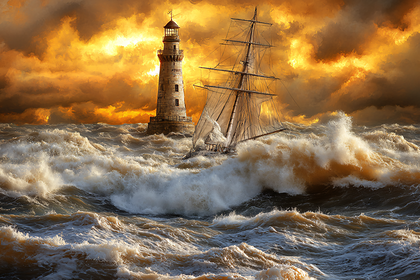 Lighthouse And Ship In Stormy Sea