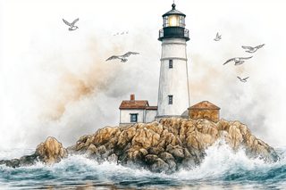 Lighthouse On Rocky Coast With Seagulls