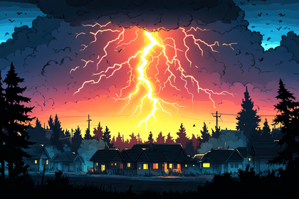 Lightning Strikes Village At Dusk