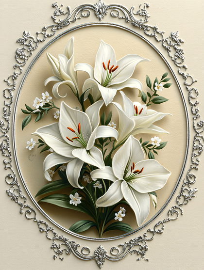 Lilies in a Silver Oval Frame