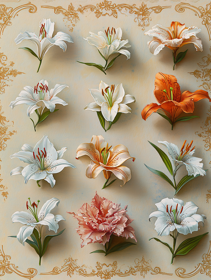 Lilies on a cream-colored background with golden floral border