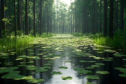 Lily Pads In Forest Swamp