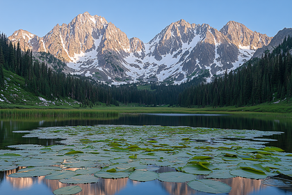 Lily Pads on Lake with Mountain Backdrop