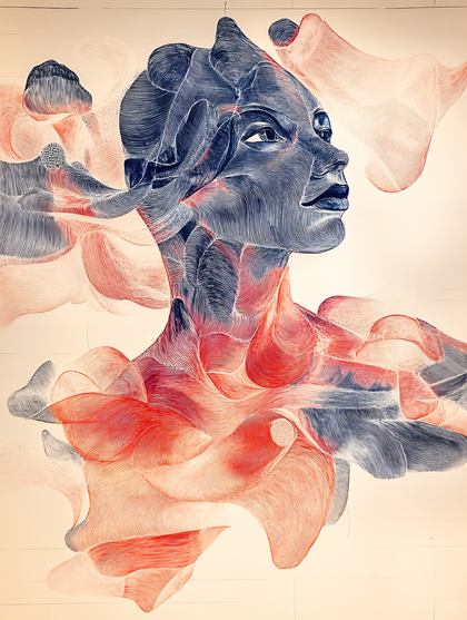 Line Art Portrait Of Woman With Abstract Swirls