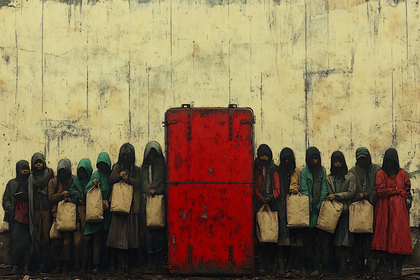 Line Of People With Bags By Red Cabinet